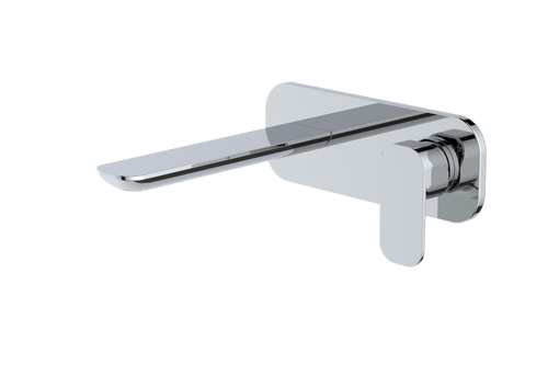 A modern wall-mounted bathroom faucet with a polished chrome finish, featuring a flat spout and a single lever handle on a plain white background.