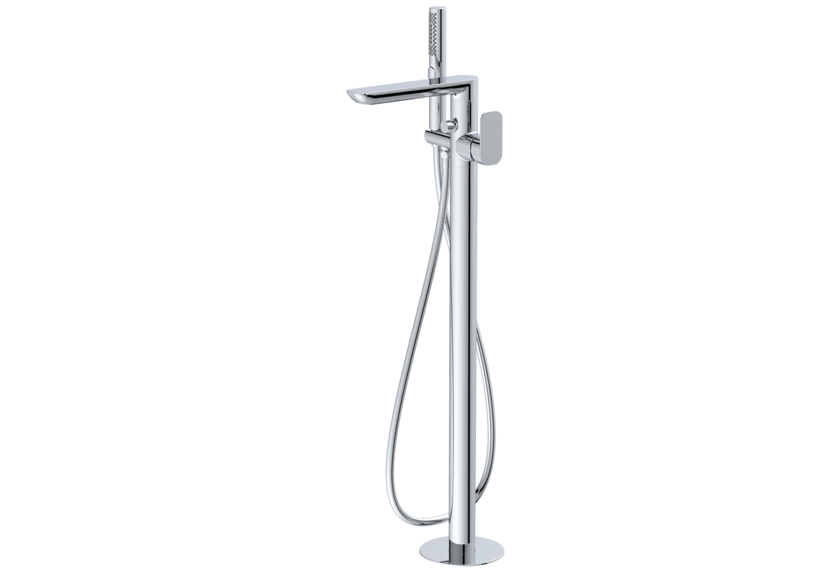 A modern chrome-plated freestanding bathtub faucet with an integrated handheld shower head and flexible hose, shown against a plain white background.