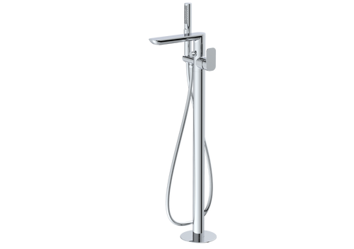 A modern chrome-plated freestanding bathtub faucet with an integrated handheld shower head and flexible hose, shown against a plain white background.