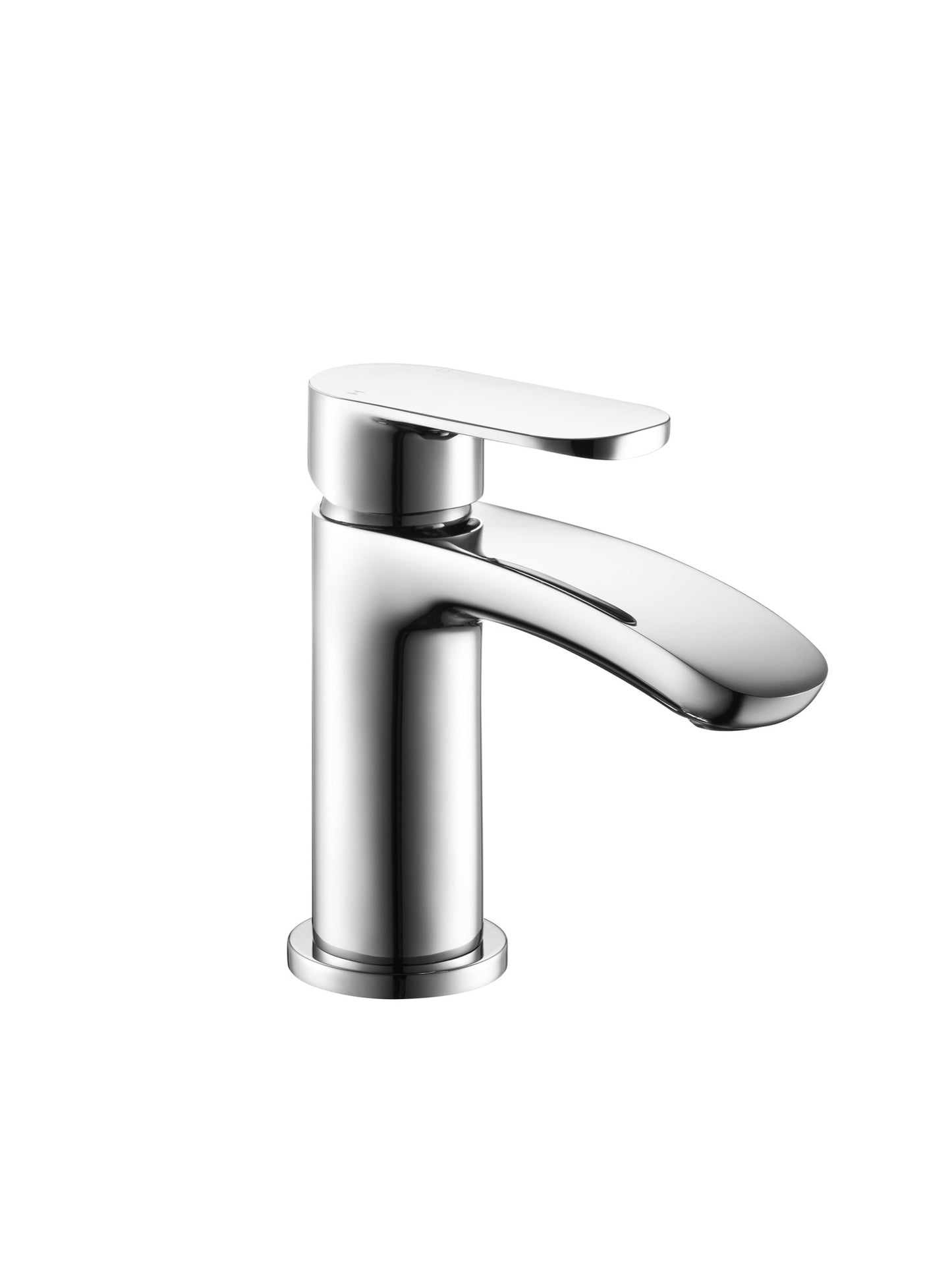 A modern single-handle bathroom faucet with a polished chrome finish, shown from a three-quarters angle on a solid white background.