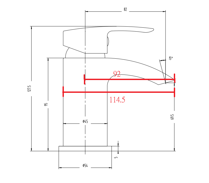 Sedbury Mono Basin Mixer - Matt Black dimensions diagram