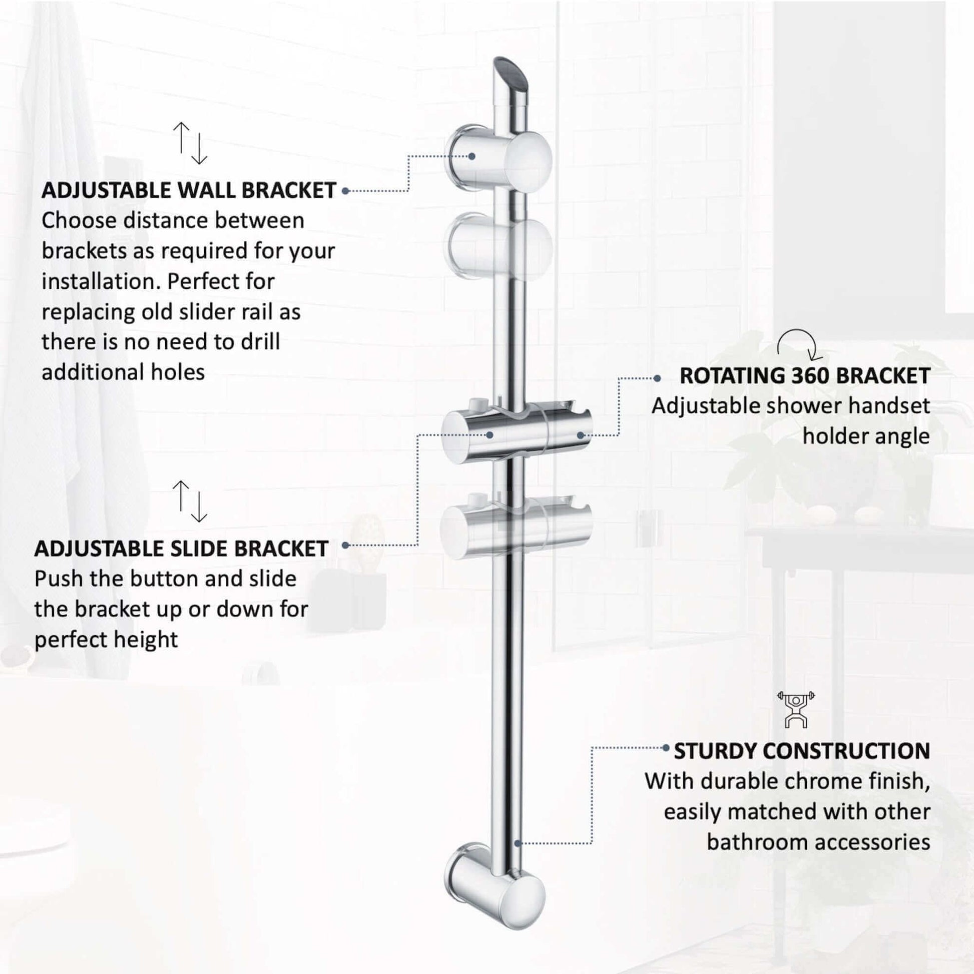 Chrome adjustable shower riser rail with adjustable wall brackets, 360° rotating holder, and durable construction for easy installation