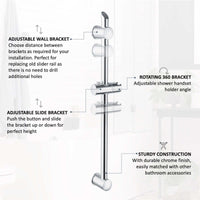 Chrome adjustable shower riser rail with adjustable wall brackets, 360° rotating holder, and durable construction for easy installation