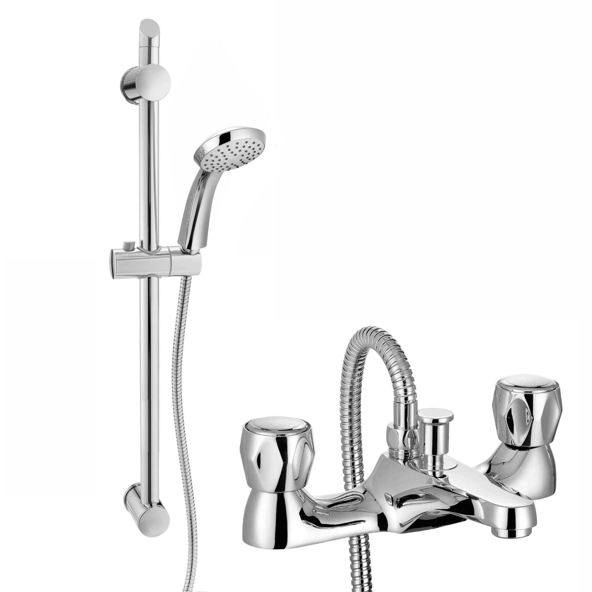 Chrome bath shower mixer tap with dual handles, a flexible hose, handheld showerhead, and adjustable riser rail