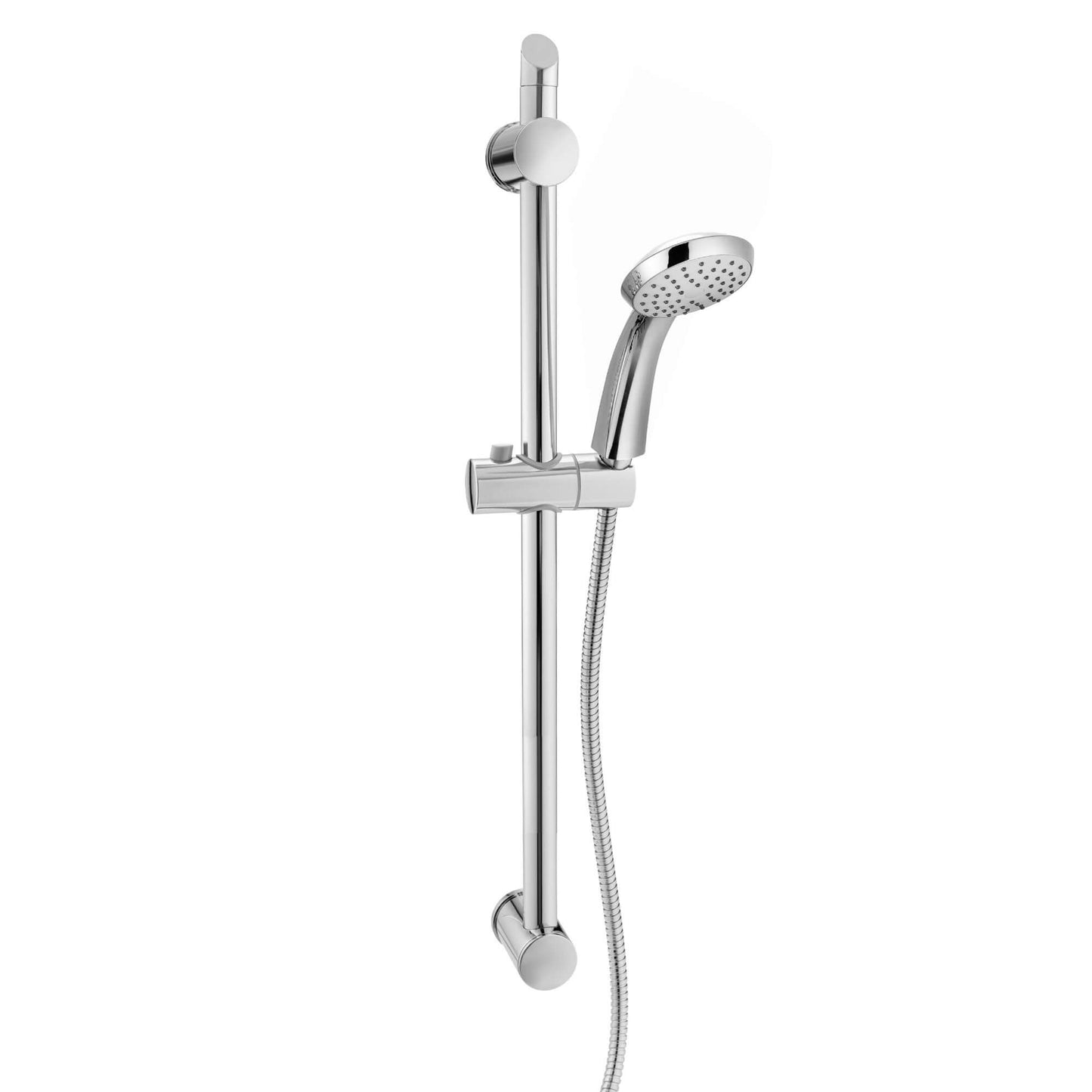 Chrome handheld showerhead with flexible hose and adjustable riser rail for convenient bath and shower use