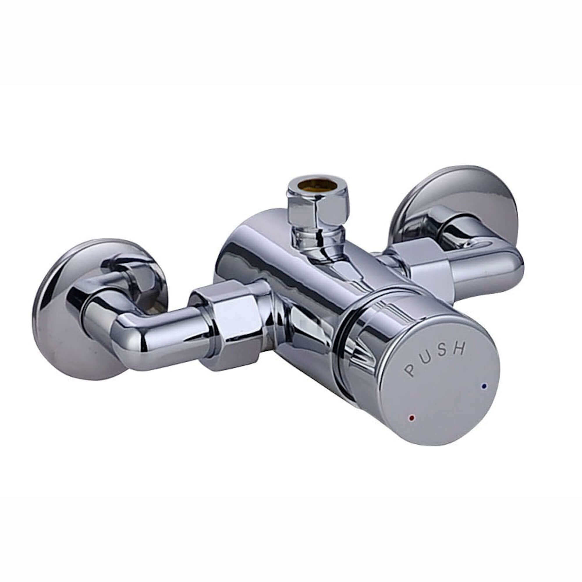 Chrome non-concussive shower mixer valve with push control and durable design, ideal for time-controlled water flow