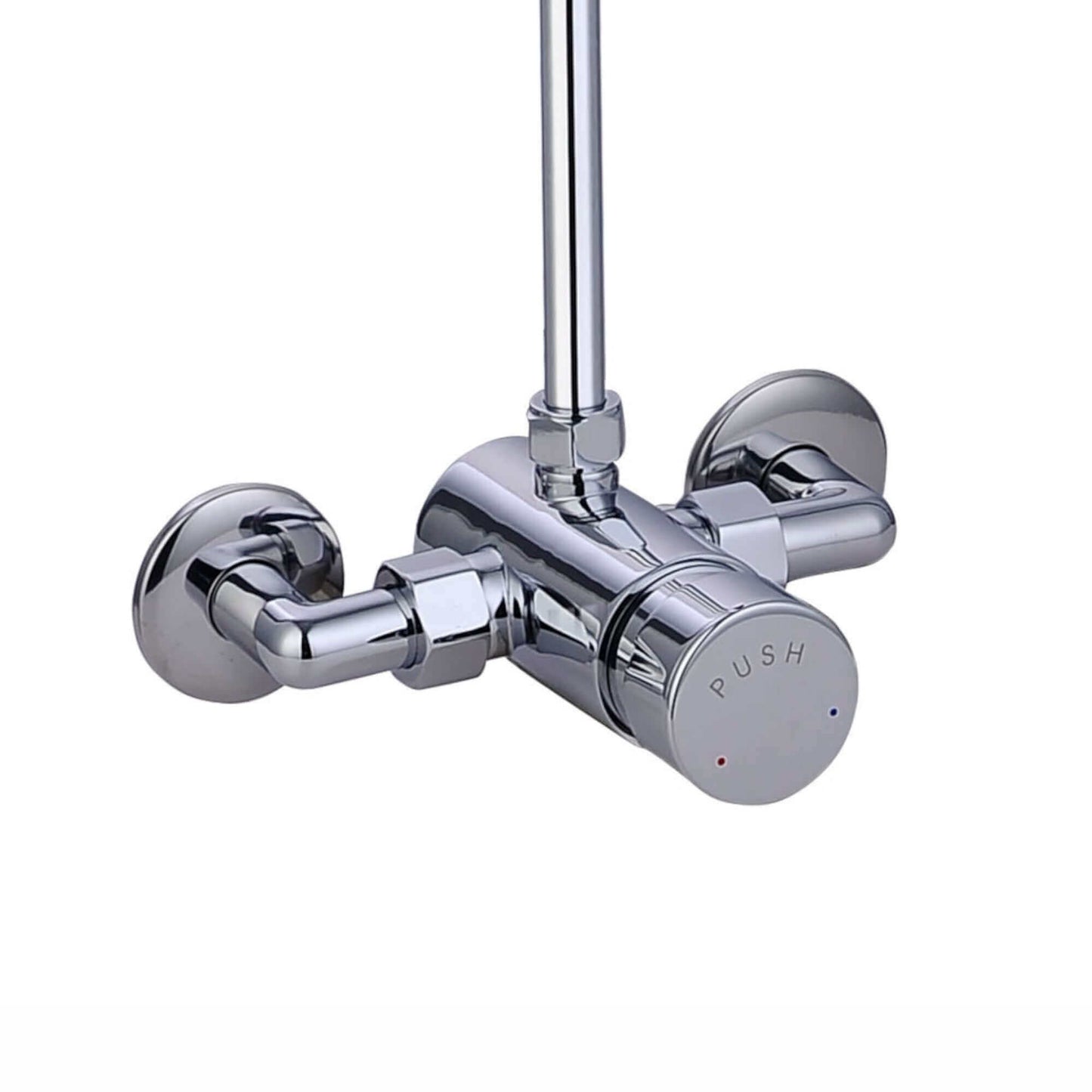 Chrome non-concussive shower mixer valve with push control and vertical pipe connection for time-controlled water flow