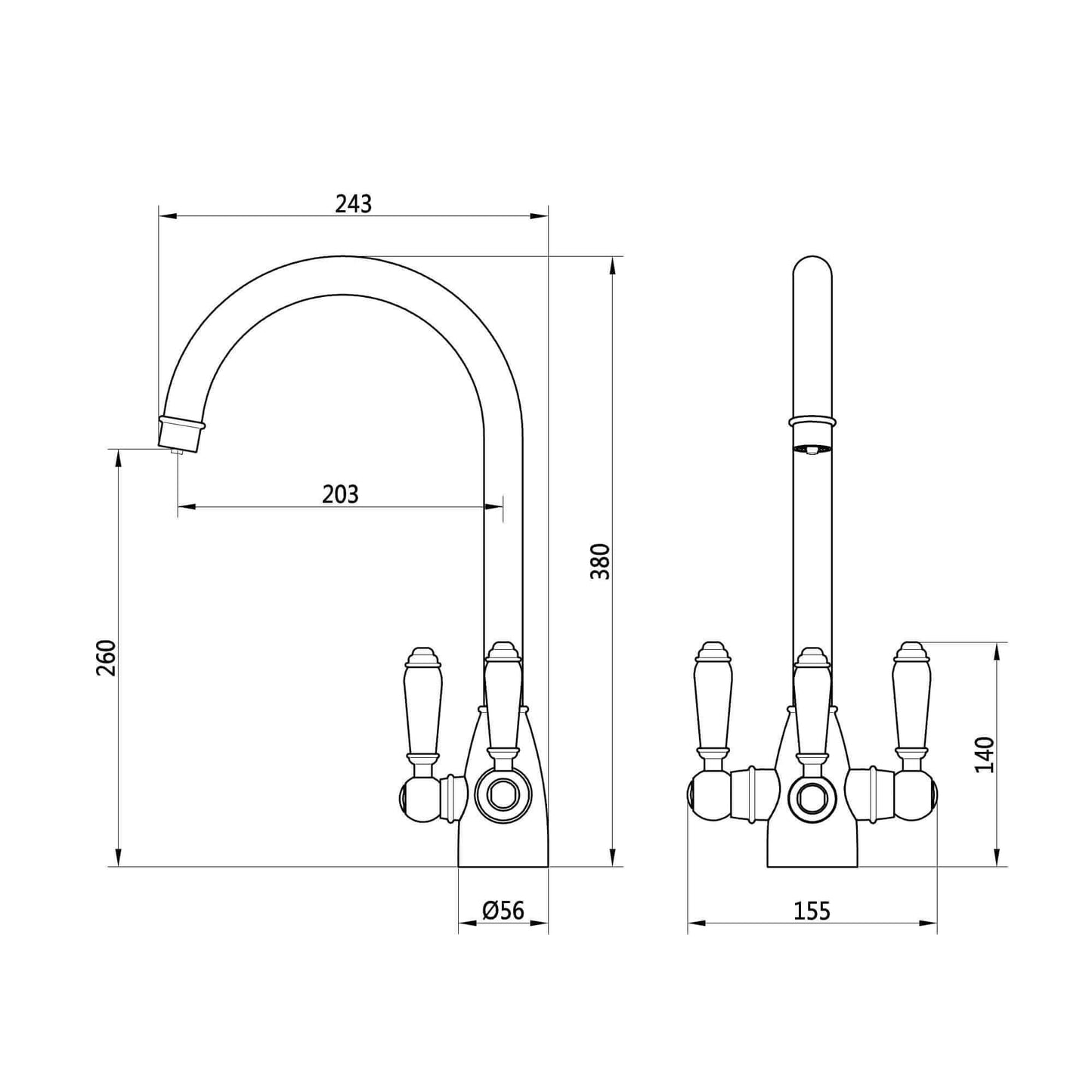 cotswold traditional filter tap technical drawing