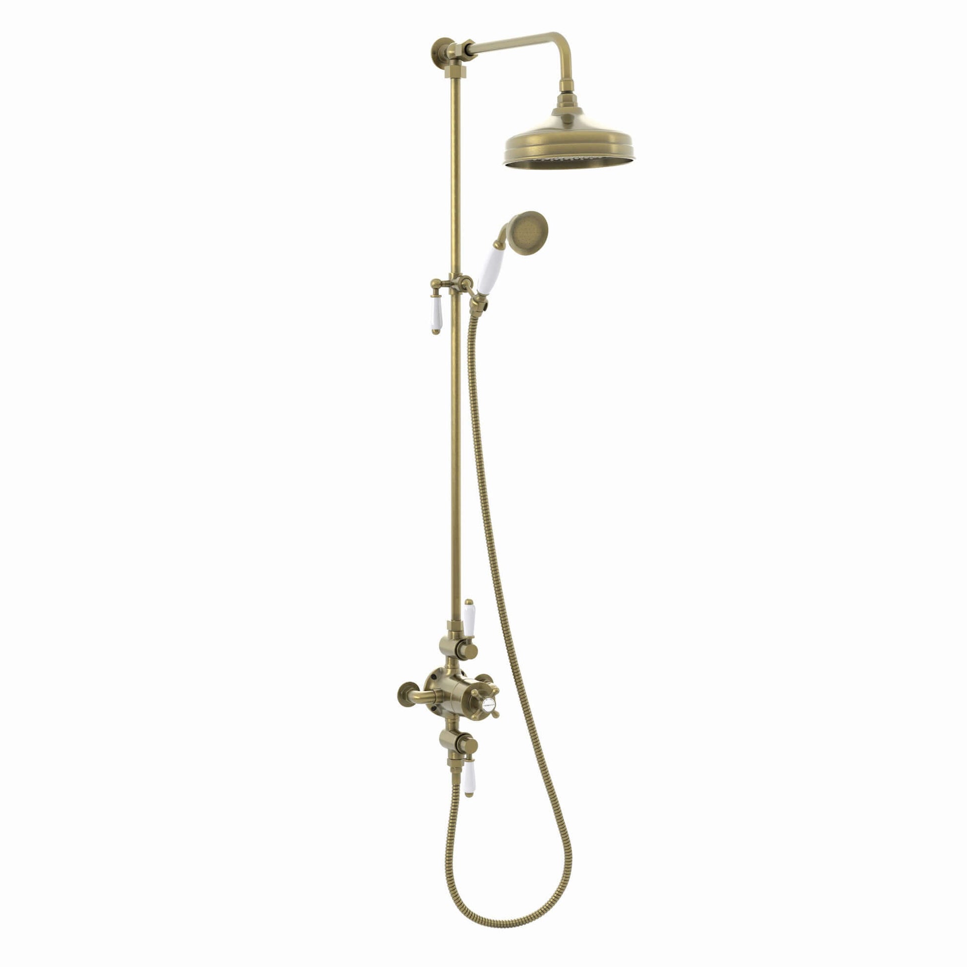 Buy Downton Exposed Traditional Thermostatic Shower Set 2 Outlet, Incl. Triple Shower Valve, Rigid Riser Rail, 200mm Shower Head & Ceramic Handset - Antique Brass Online UK | HOUSE OF ENKI