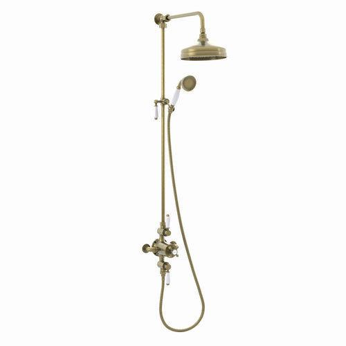 Buy Downton Exposed Traditional Thermostatic Shower Set 2 Outlet, Incl. Triple Shower Valve, Rigid Riser Rail, 200mm Shower Head & Ceramic Handset - Antique Brass online UK