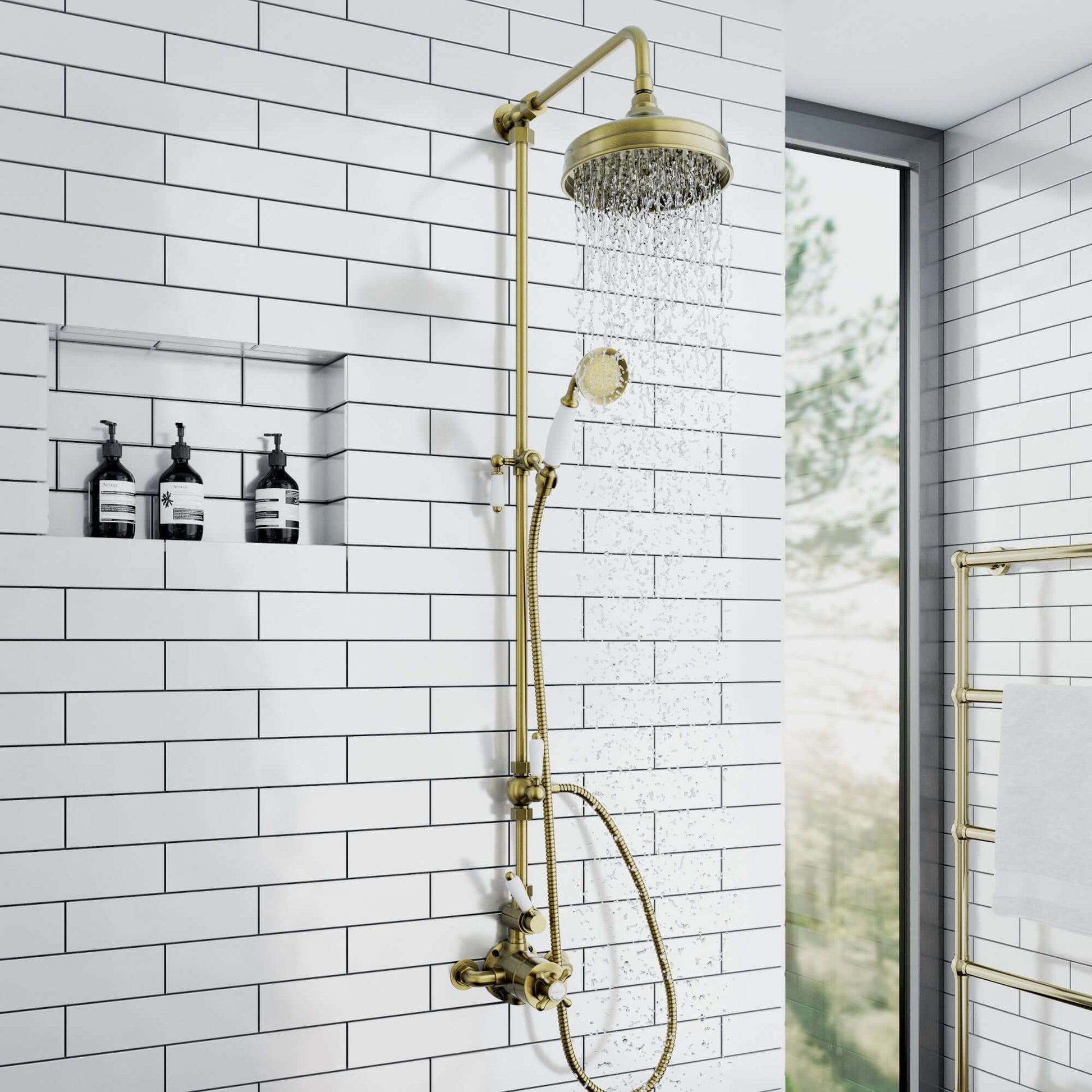 Buy Downton Exposed Traditional Thermostatic Shower Set 2 Outlet Incl. Twin Shower Valve With Diverter, Rigid Riser Rail, 200mm Shower Head & Ceramic Handset - Antique Brass Online UK | HOUSE OF ENKI