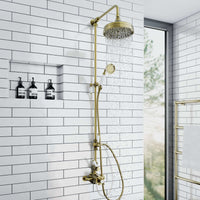 Buy Downton Exposed Traditional Thermostatic Shower Set 2 Outlet Incl. Twin Shower Valve With Diverter, Rigid Riser Rail, 200mm Shower Head & Ceramic Handset - Antique Brass Online UK | HOUSE OF ENKI