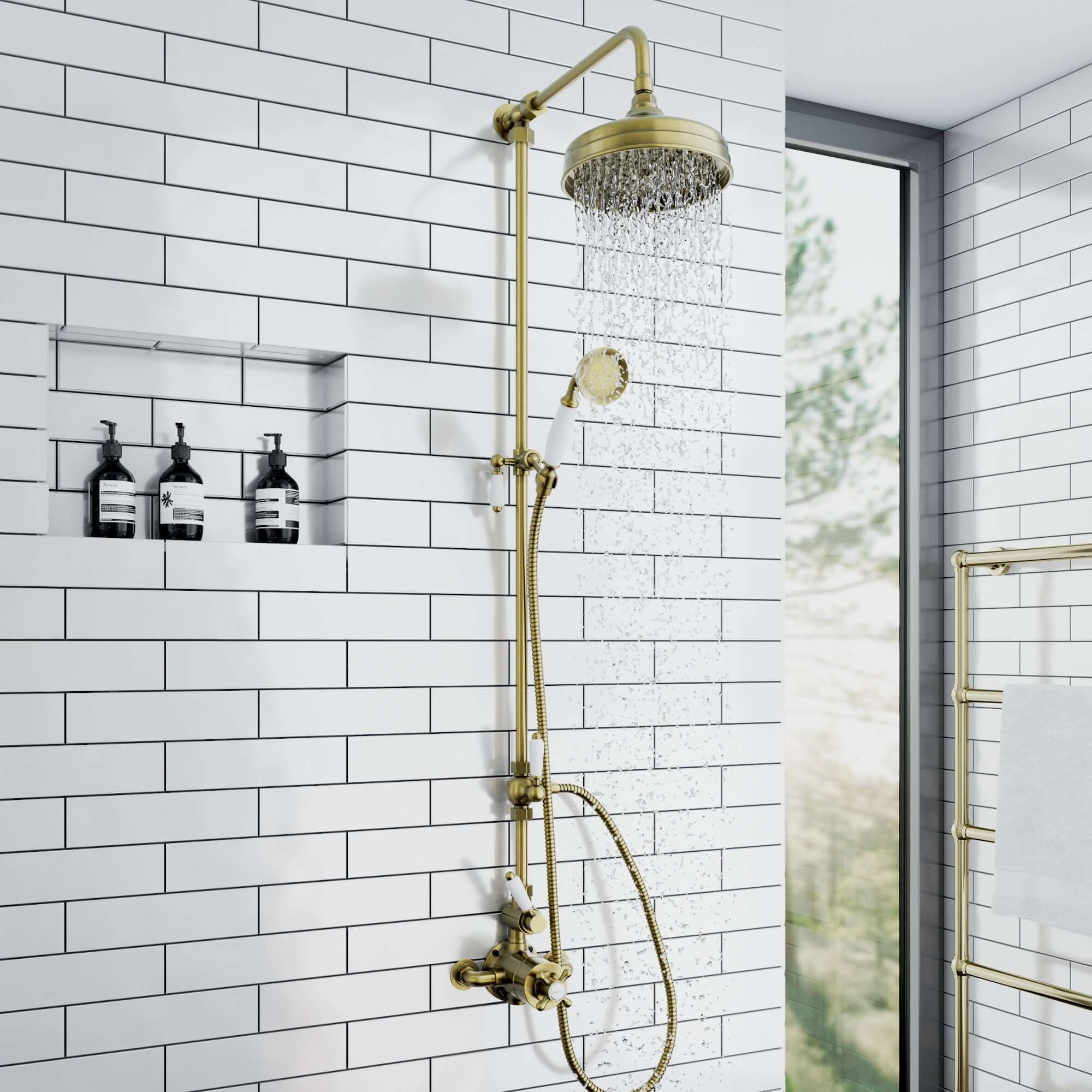 Buy Downton Exposed Traditional Thermostatic Shower Set 2 Outlet Incl. Twin Shower Valve With Diverter, Rigid Riser Rail, 200mm Shower Head & Ceramic Handset - Antique Brass Online UK | HOUSE OF ENKI