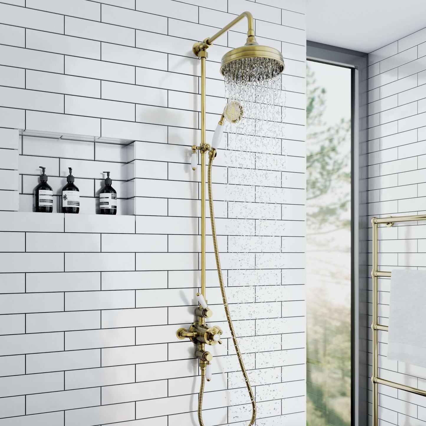 Buy Downton Exposed Traditional Thermostatic Shower Set 2 Outlet, Incl. Triple Shower Valve, Rigid Riser Rail, 200mm Shower Head & Ceramic Handset - Antique Brass Online UK | HOUSE OF ENKI