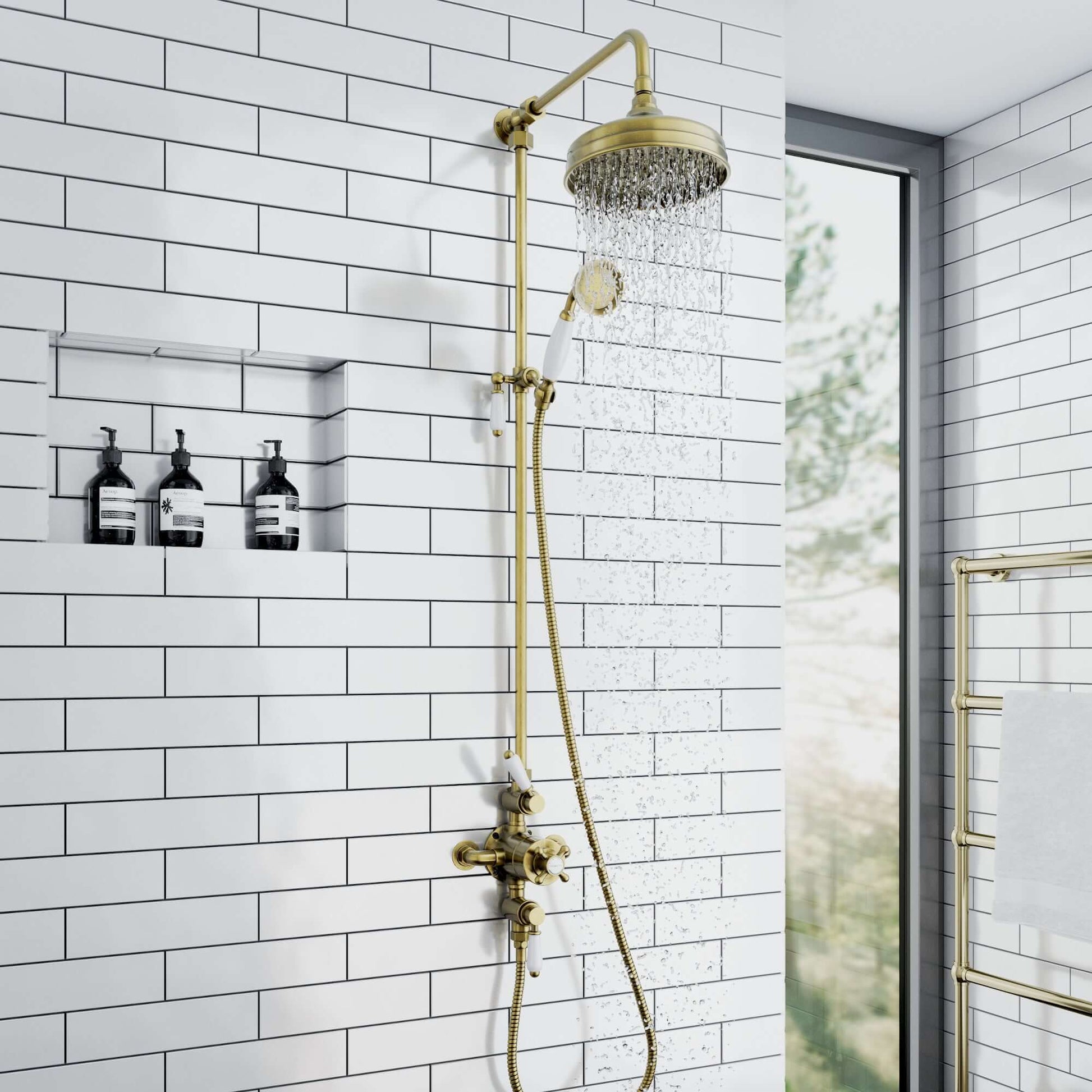 Buy Downton Exposed Traditional Thermostatic Shower Set 2 Outlet, Incl. Triple Shower Valve, Rigid Riser Rail, 200mm Shower Head & Ceramic Handset - Antique Brass Online UK | HOUSE OF ENKI
