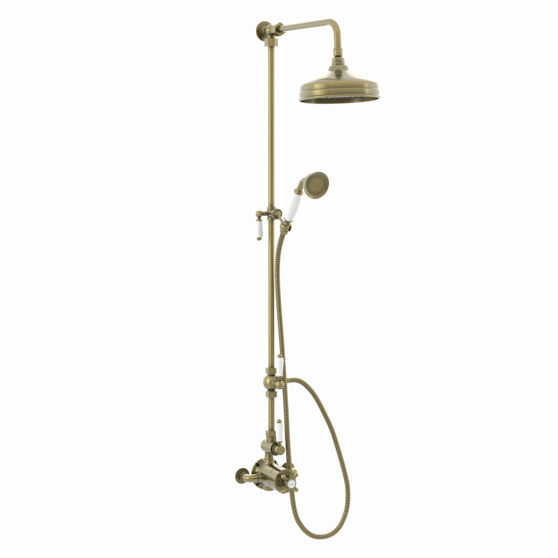 Buy Downton Exposed Traditional Thermostatic Shower Set 2 Outlet Incl. Twin Shower Valve With Diverter, Rigid Riser Rail, 200mm Shower Head & Ceramic Handset - Antique Brass Online UK | HOUSE OF ENKI