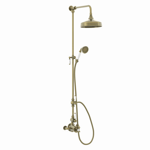 Buy Downton Exposed Traditional Thermostatic Shower Set 2 Outlet Incl. Twin Shower Valve With Diverter, Rigid Riser Rail, 200mm Shower Head & Ceramic Handset - Antique Brass online UK