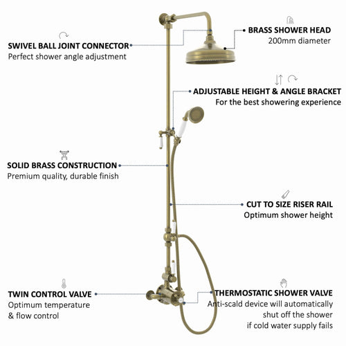Buy Downton Exposed Traditional Thermostatic Shower Set 2 Outlet Incl. Twin Shower Valve With Diverter, Rigid Riser Rail, 200mm Shower Head & Ceramic Handset - Antique Brass online UK