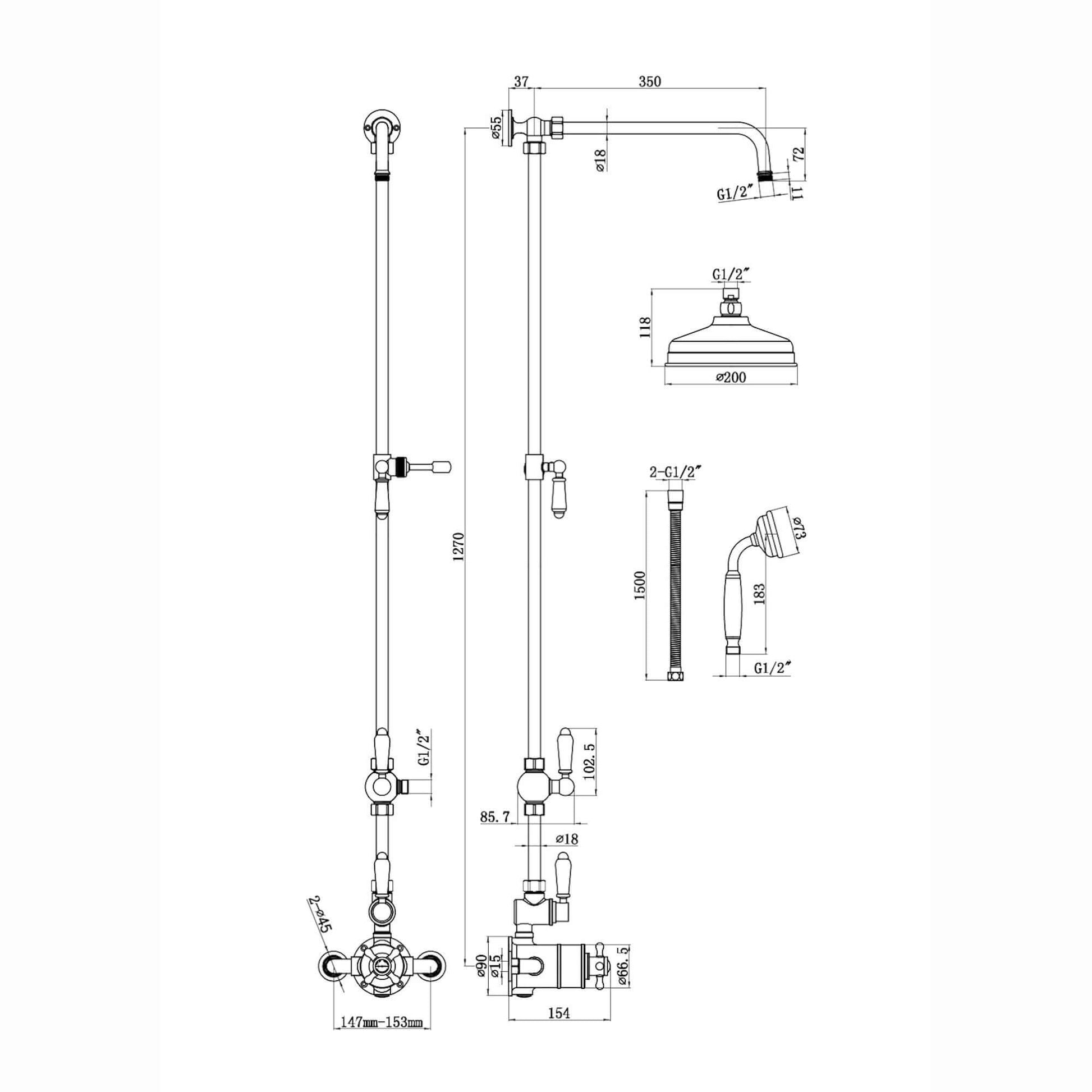 Buy Downton Exposed Traditional Thermostatic Shower Set 2 Outlet Incl. Twin Shower Valve With Diverter, Rigid Riser Rail, 200mm Shower Head & Ceramic Handset - Antique Brass Online UK | HOUSE OF ENKI