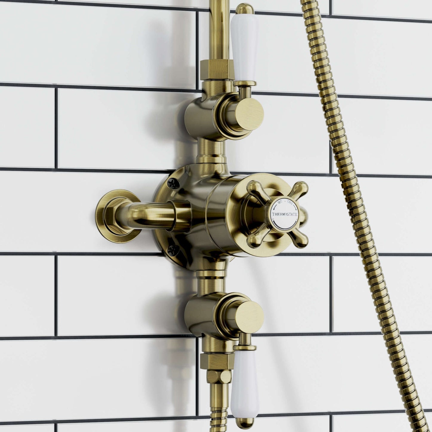 Buy Downton Exposed Traditional Thermostatic Shower Set 2 Outlet, Incl. Triple Shower Valve, Rigid Riser Rail, 200mm Shower Head & Ceramic Handset - Antique Brass Online UK | HOUSE OF ENKI