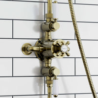 Buy Downton Exposed Traditional Thermostatic Shower Set 2 Outlet, Incl. Triple Shower Valve, Rigid Riser Rail, 200mm Shower Head & Ceramic Handset - Antique Brass Online UK | HOUSE OF ENKI