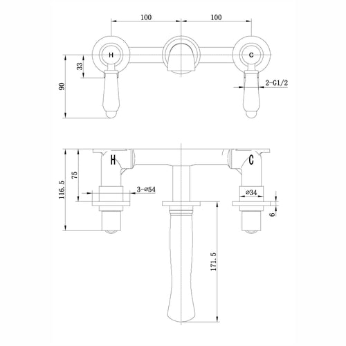 Buy Downton wall-mount basin mixer tap 3 hole with white ceramic levers - antique brass online UK