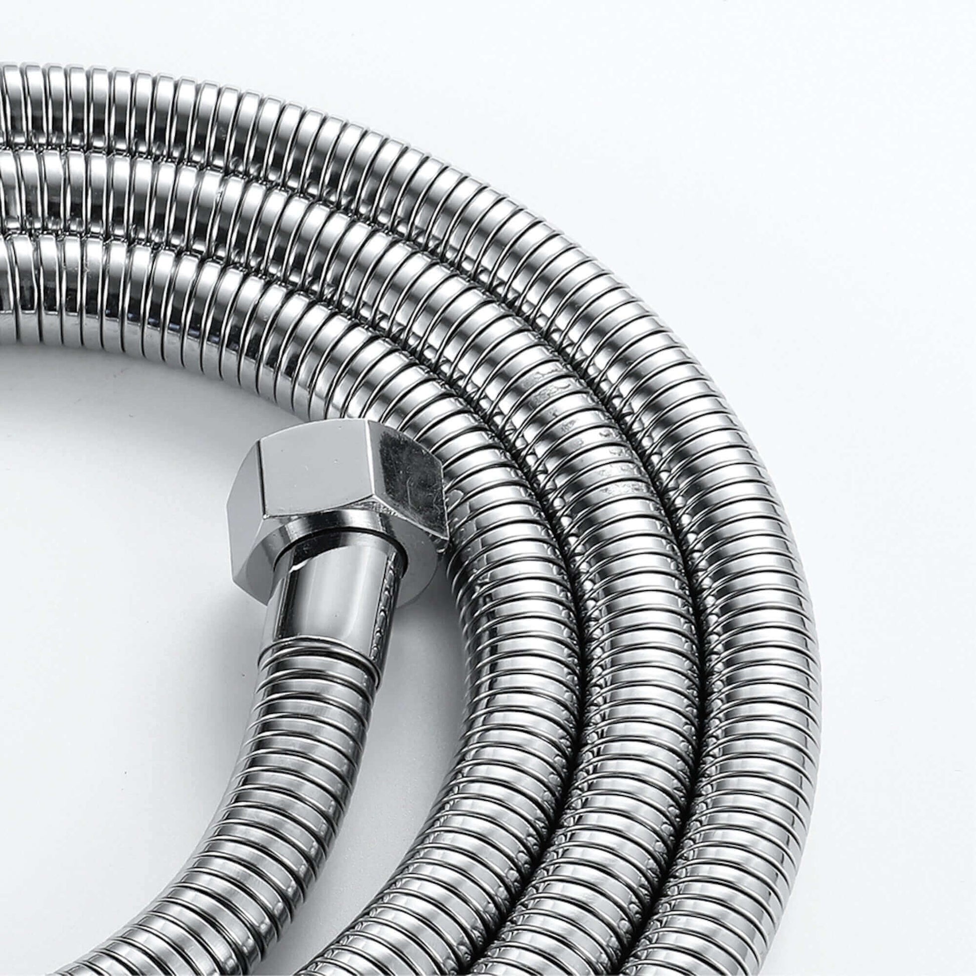 Close-up of flexible chrome shower hose with durable spiral design and standard connector fitting for bath shower mixers