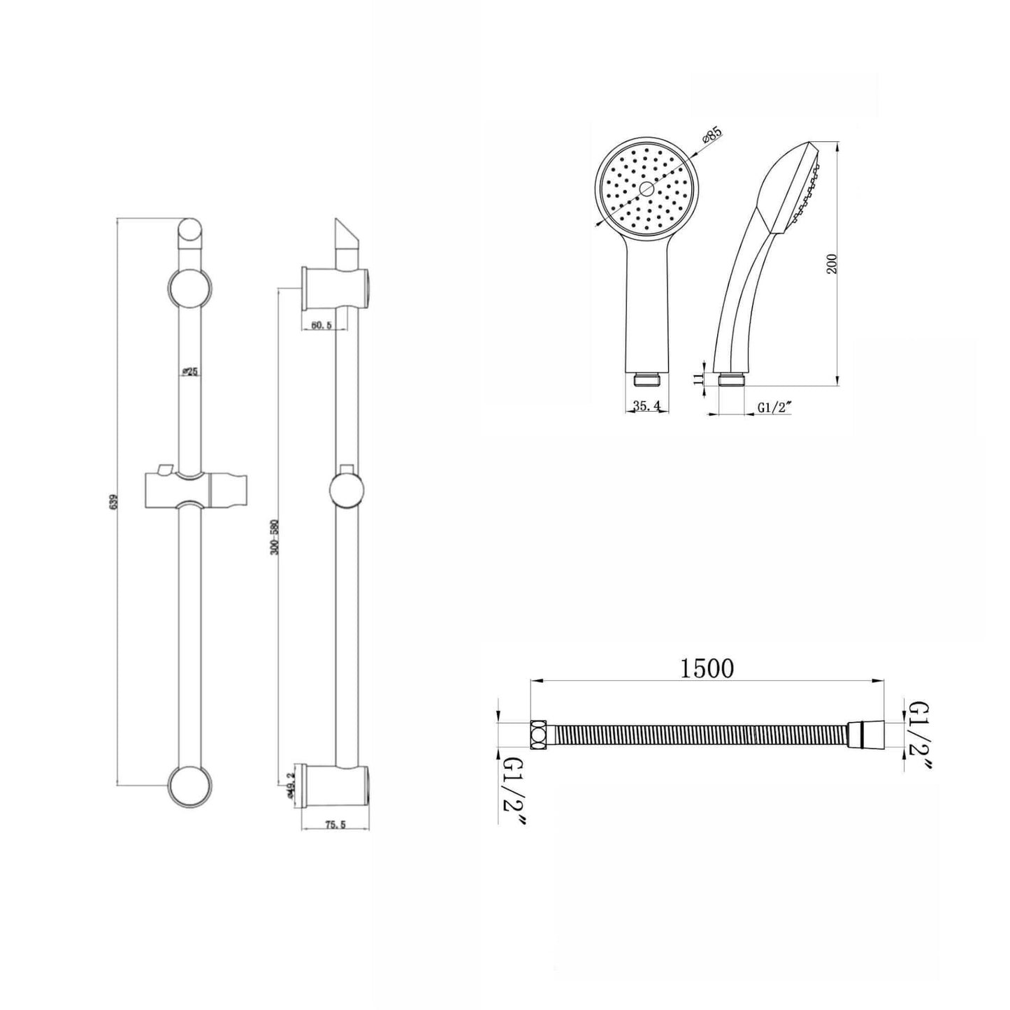 Technical drawing of a handheld showerhead, riser rail, and flexible hose with labeled dimensions for precise installation