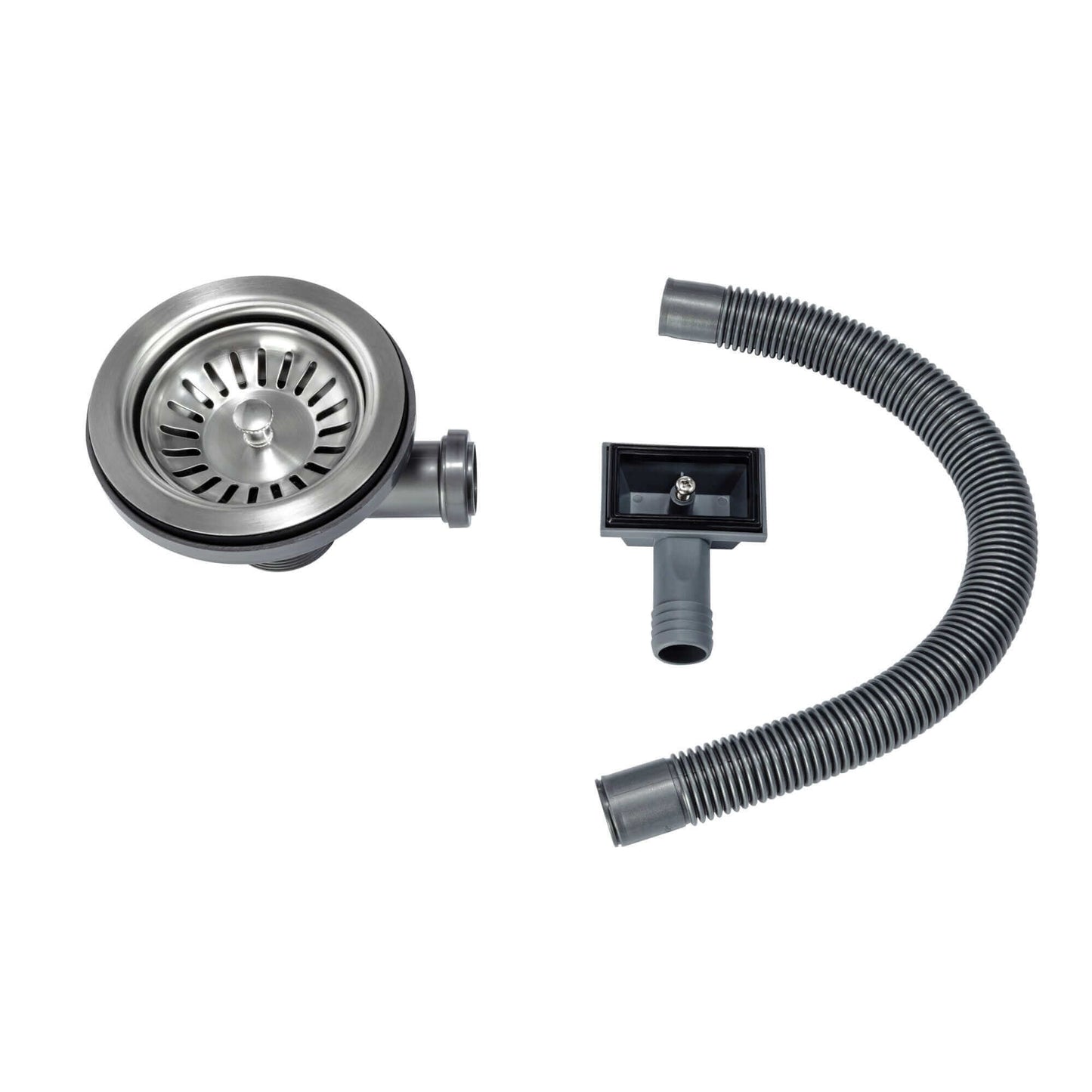 Stainless steel sink strainer, flexible drain hose, and attachment accessories for efficient kitchen sink installation