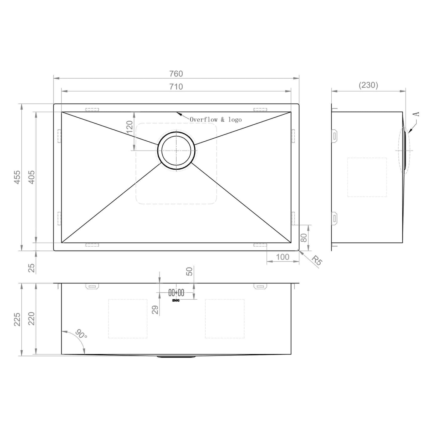 Technical drawing of a rectangular kitchen sink with detailed dimensions, drain placement, and overflow specifications