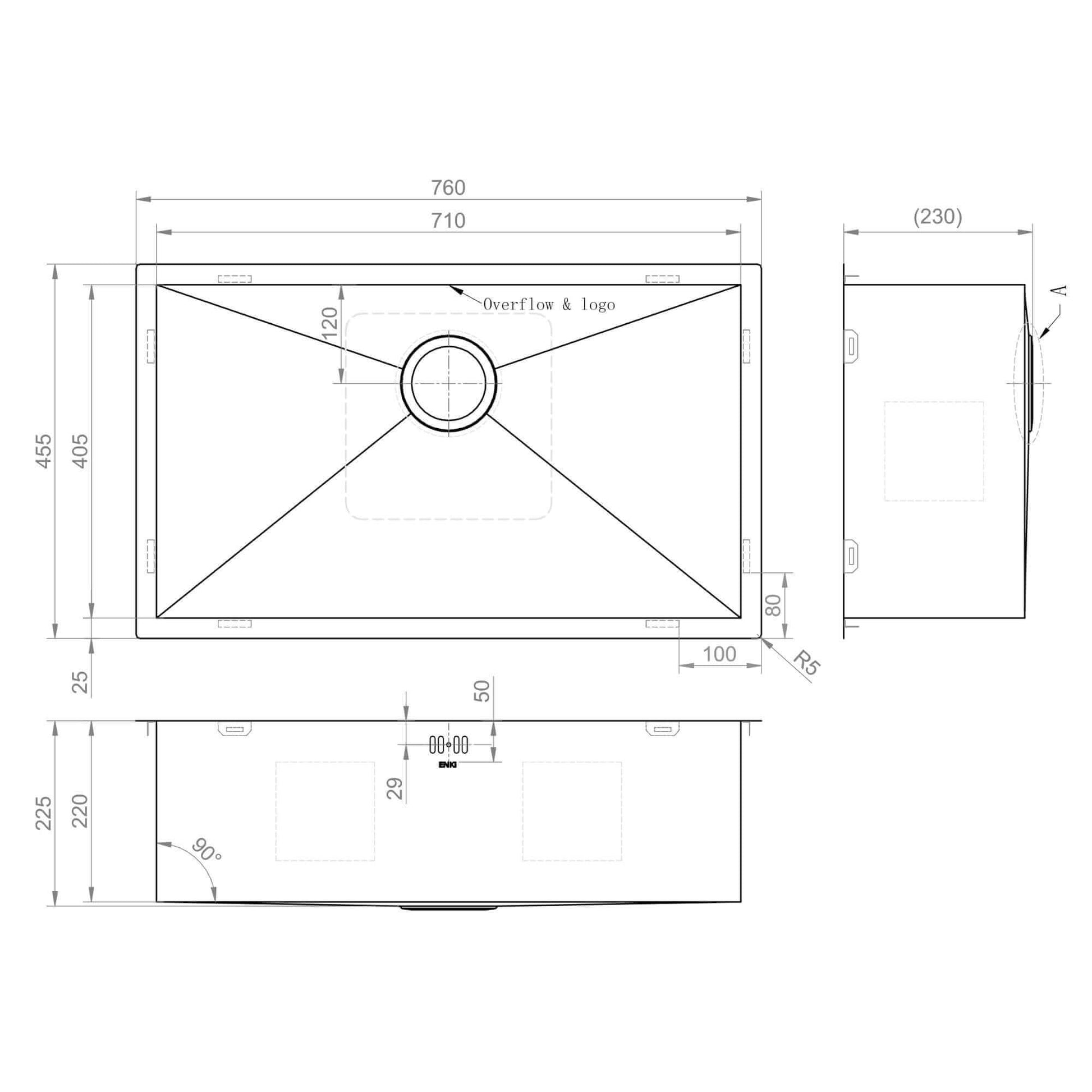 Technical drawing of a rectangular kitchen sink with detailed dimensions, drain placement, and overflow specifications