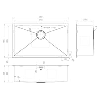 Technical drawing of a rectangular kitchen sink with detailed dimensions, drain placement, and overflow specifications