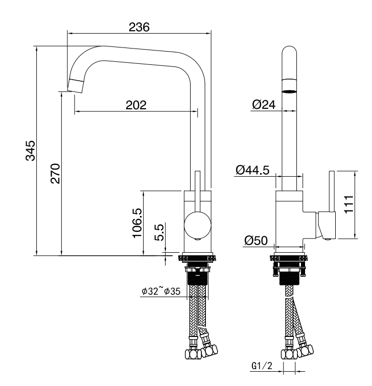 Marlow kitchen sink mixer - matt black dimensions diagram