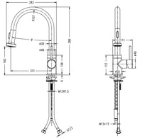 Marlow pull out kitchen sink mixer - chrome dimensions diagram