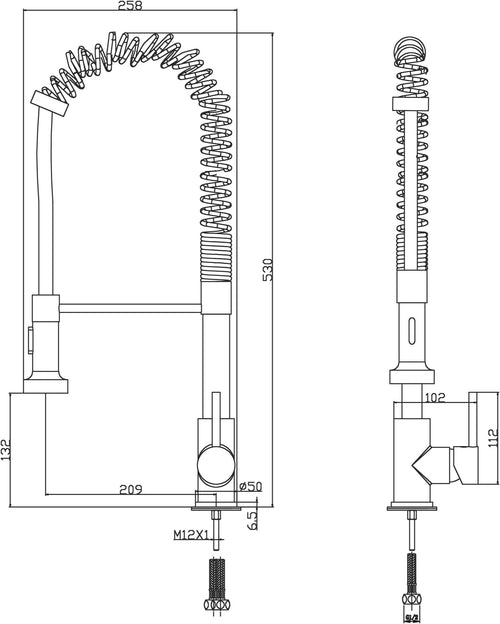 Marlow pull out kitchen sink mixer - chrome dimensions diagram