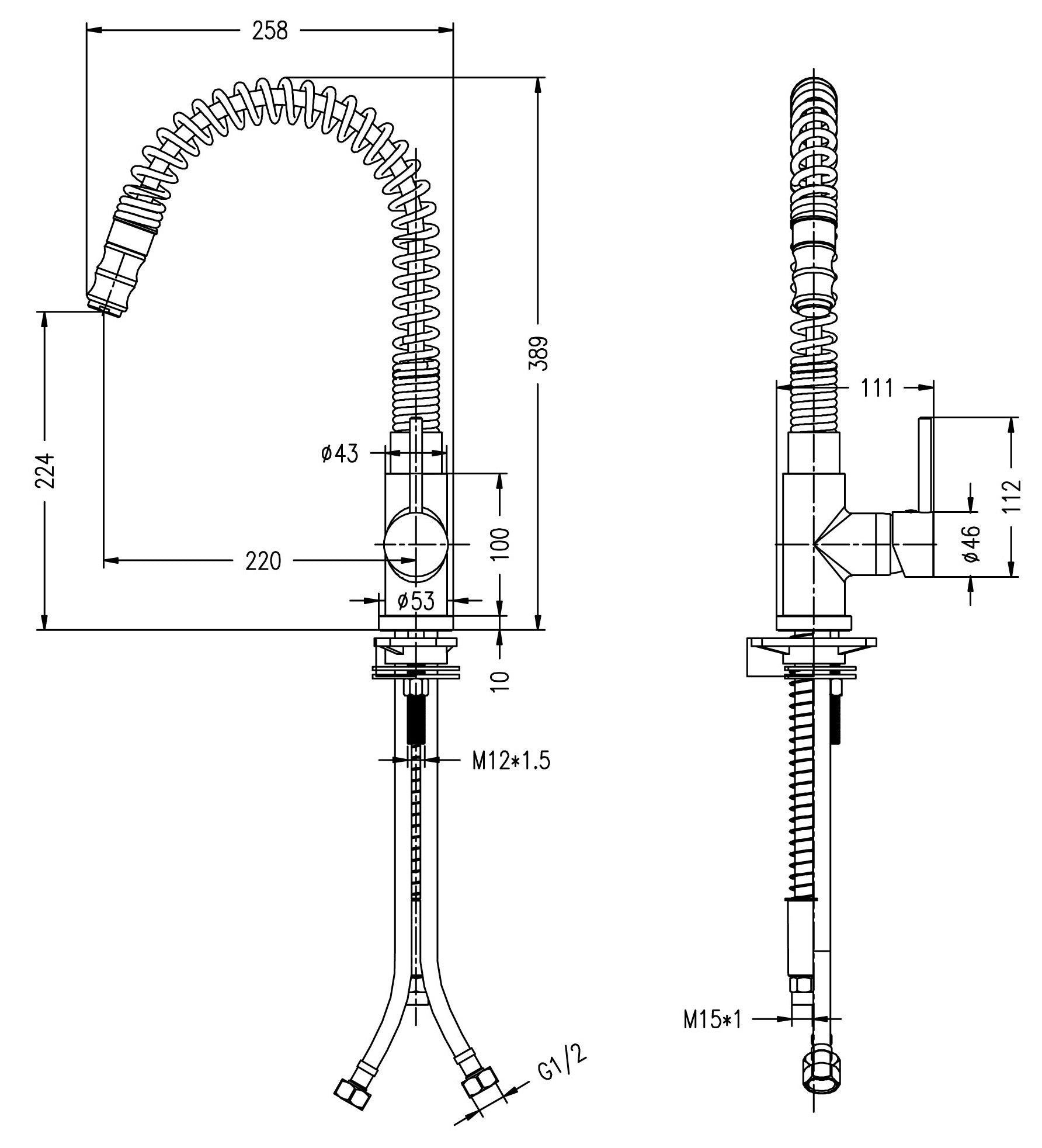 Marlow pull out kitchen sink mixer - chrome dimensions diagram