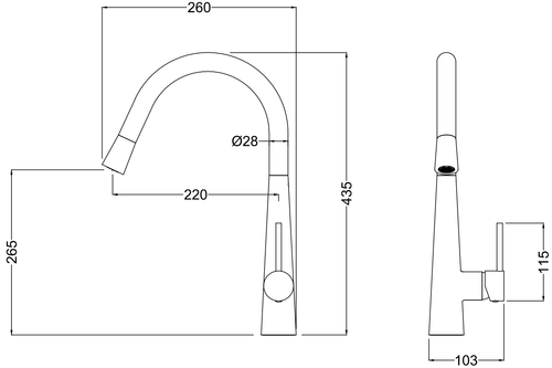 Marlow pull out kitchen sink mixer - chrome dimensions diagram