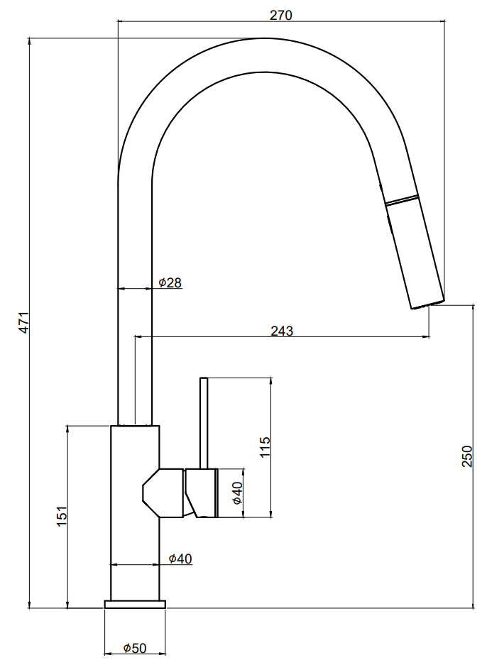 Marlow easy fit pull out kitchen sink mixer - stainless steel dimensions diagram