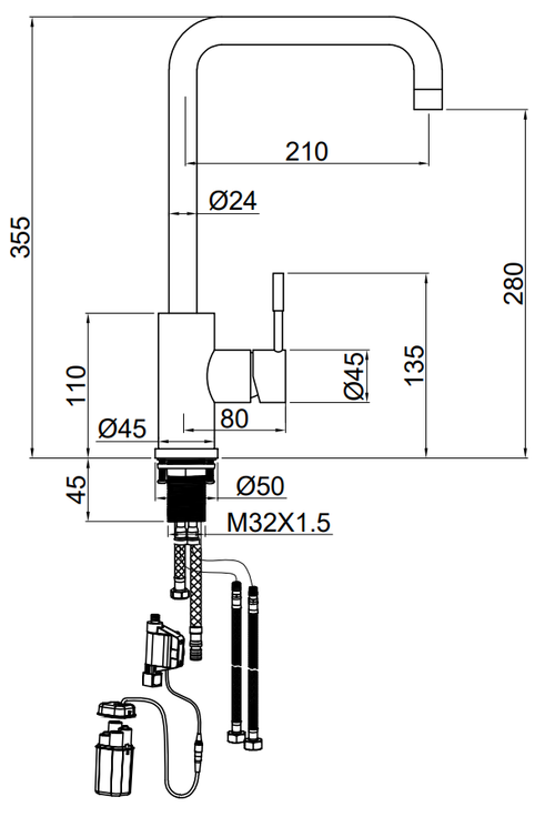 Marlow one touch kitchen sink mixer - chrome dimensions diagram