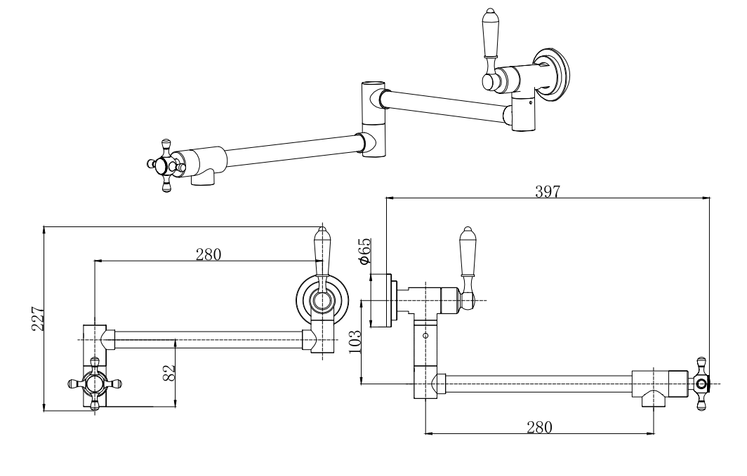 Porter traditional wall mounted port filler kitchen sink mixers - chrome dimensions diagram
