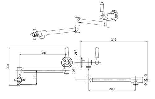 Porter traditional wall mounted port filler kitchen sink mixers - chrome dimensions diagram