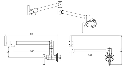 Porter wall mounted pot filler kitchen sink mixers - chrome dimensions diagram