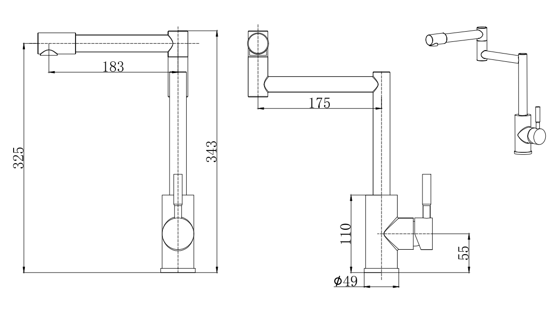 Porter round deck mounted pot filler kitchen sink mixers - chrome dimensions diagram