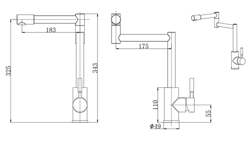 Porter round deck mounted pot filler kitchen sink mixers - matt black dimensions diagram