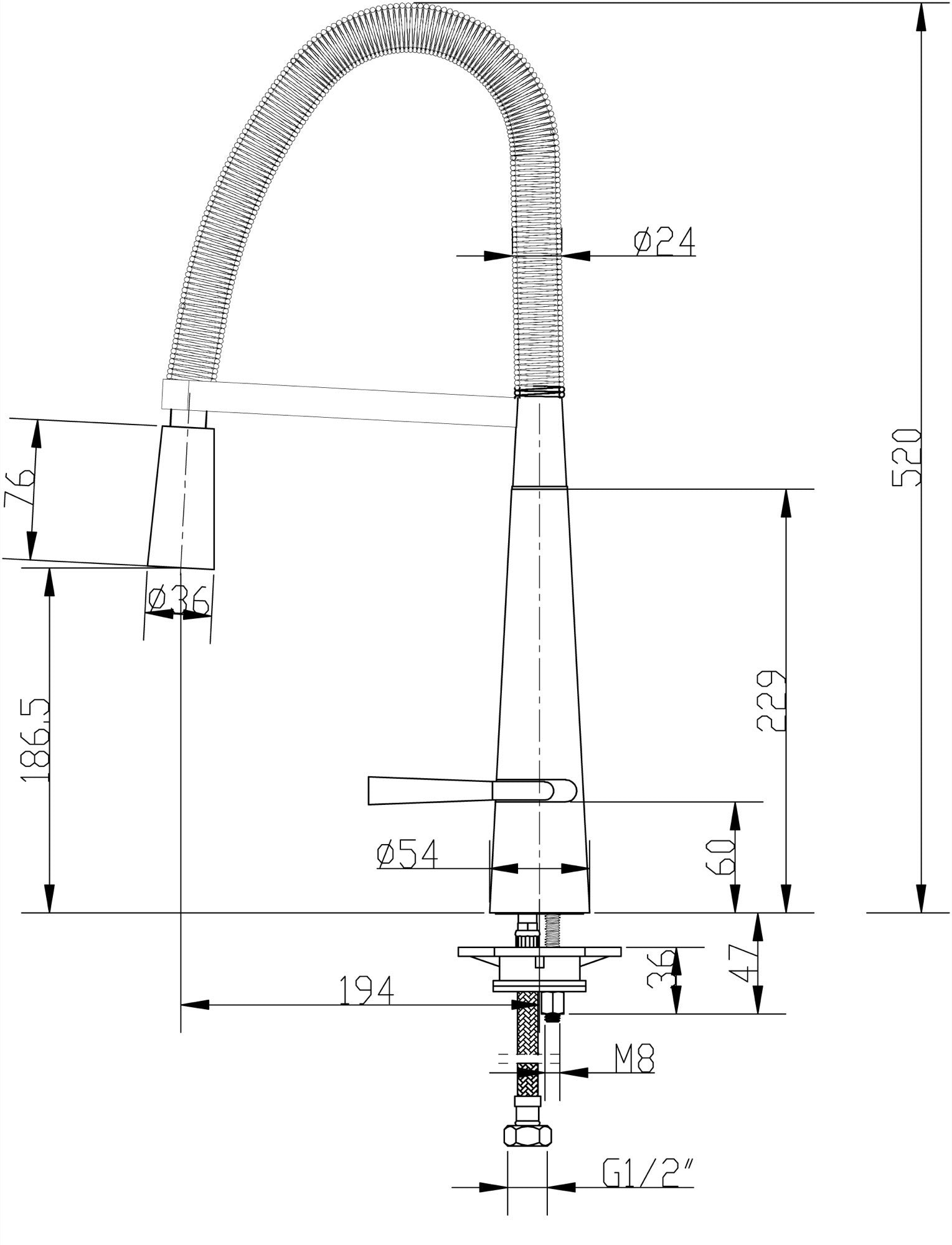 Marlow kitchen sink mixer - chrome dimensions diagram
