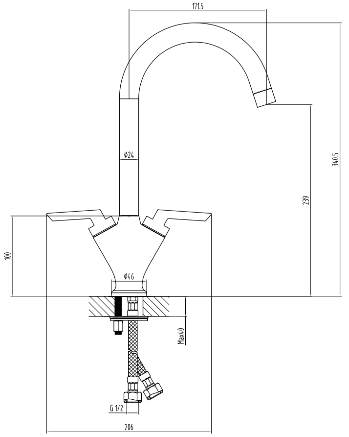 Marlow kitchen sink mixer - chrome dimensions diagram