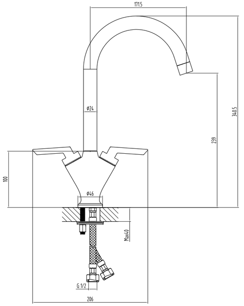 Marlow kitchen sink mixer - chrome dimensions diagram
