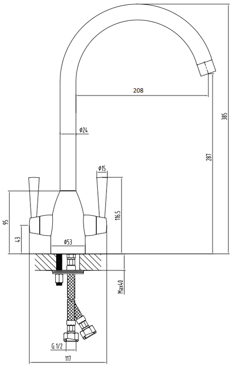 Marlow kitchen sink mixer - chrome dimensions diagram