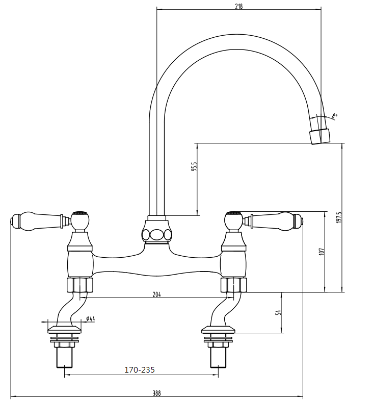 Wenlock traditional kitchen sink mixer - chrome dimensions diagram