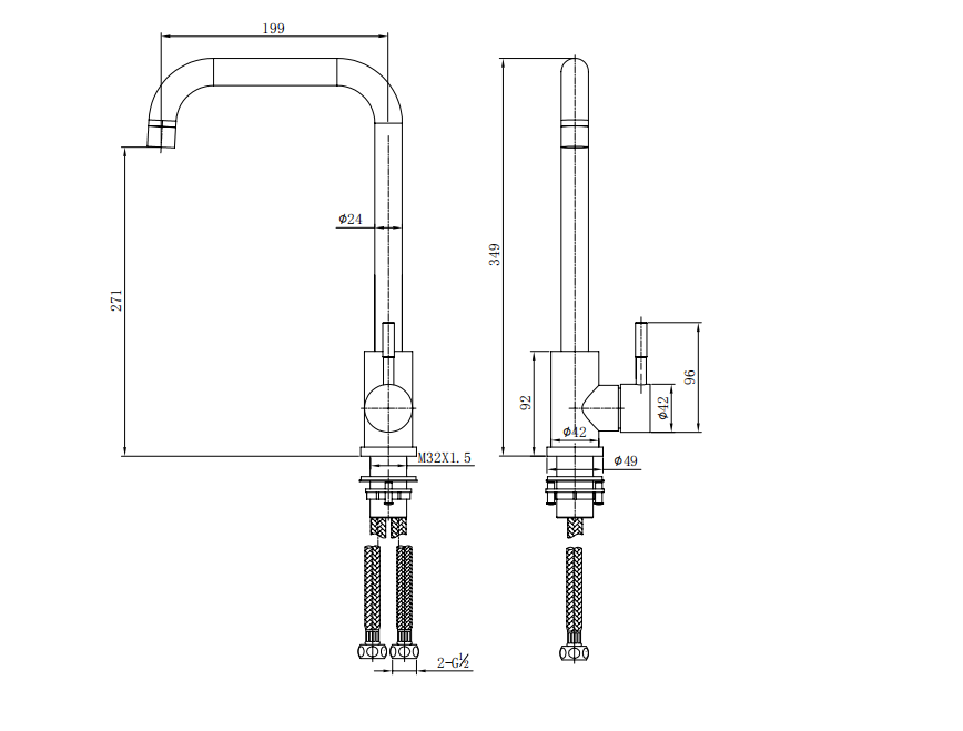 Fenwick Kitchen sink mixer - Matt Black dimensions diagram